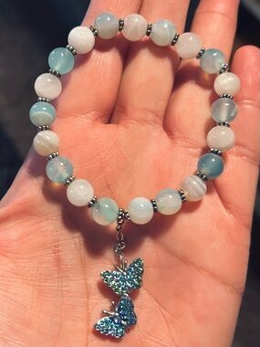 Handmade 8mm Light Blue Agate Stone Beaded Stretch Bracelet w Butterfly Charm